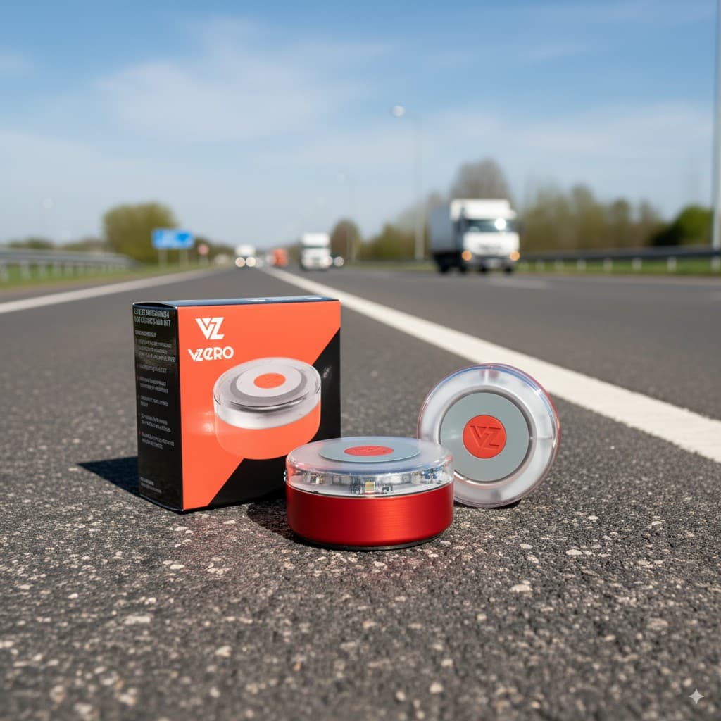 Baliza VZero con packaging en autopista, contexto de uso en carretera