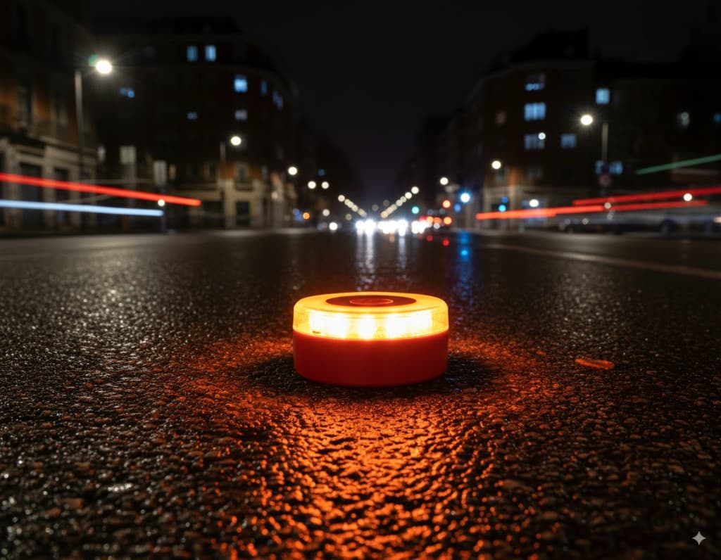 Baliza VZero en calle urbana de noche con luz ámbar de alta visibilidad